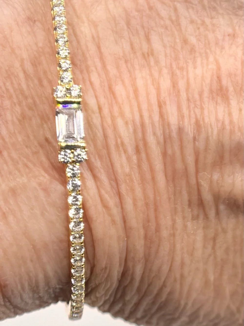 18K Gold w/ Simulated Stones Bangle with Emerald-Cut Center Stone (video)